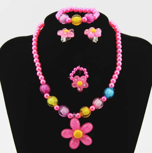 Pearl Pink Flower Jewelry Set for Girls | Necklace Ring Earring Bracelet | USA