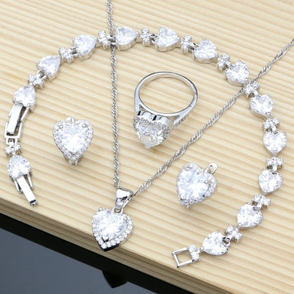 Silver 925 Bridal Jewelry Sets Heart Red Garnet White Topaz Decoration for Women Wedding Earrings with Stone Necklace Set