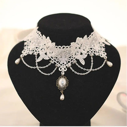 Imitation Pearl White Lace Choker | Bridal Wedding Tattoo Tassel | Women