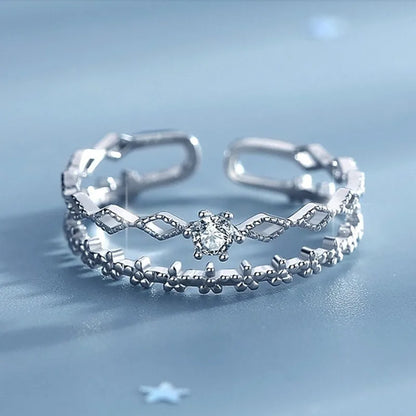 Sterling Silver Flower Lace Ring | CZ Adjustable Korean Fashion | Women | USA