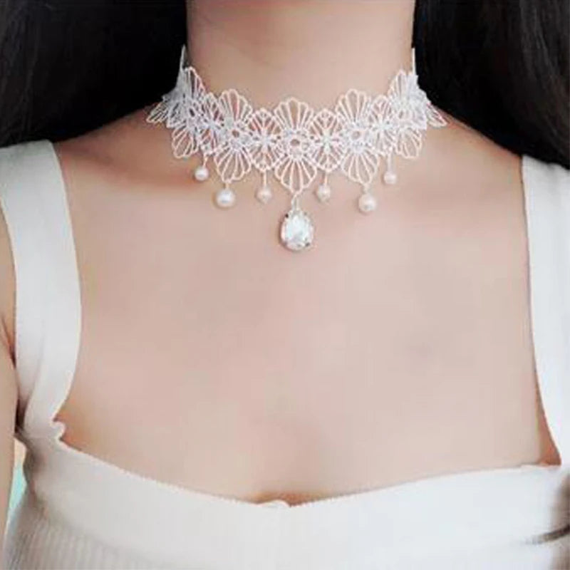 Imitation Pearl White Lace Choker | Bridal Wedding Tattoo Tassel | Women