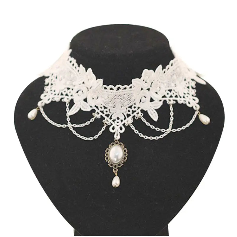 Imitation Pearl White Lace Choker | Bridal Wedding Tattoo Tassel | Women