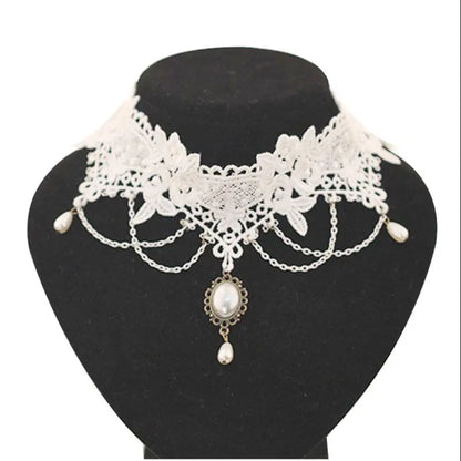 Imitation Pearl White Lace Choker | Bridal Wedding Tattoo Tassel | Women