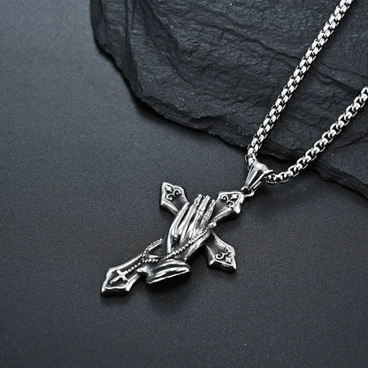 Necklace For Men National Retro Style Hand Of Prayer Stainless Steel Cross Fresh Fashion Necklace Personality Niche Pendant