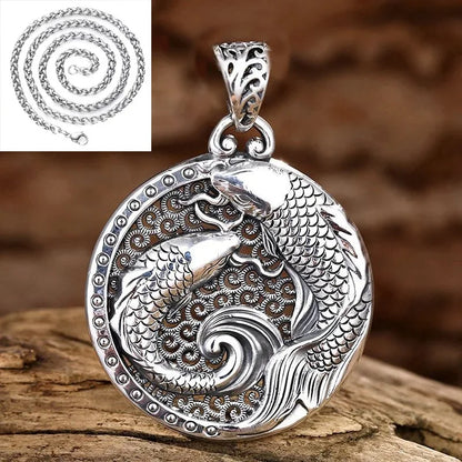 925 Silver National Style Glossy Double Fish Necklace for Men and Women New in Hollow Out Round Pendant Creative Vintage Jewelry