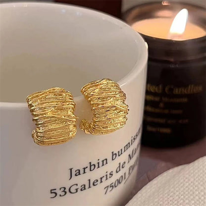 Retro C-Shaped Stud Earrings - Gold & Silver Geometric Set