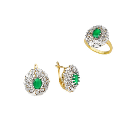 Floral Style Inlaid Main Green Zircon Fashion Jewelry Sets Women's Earrings Ring Copper plating 2 Color 14K Gold For Luxury Gift