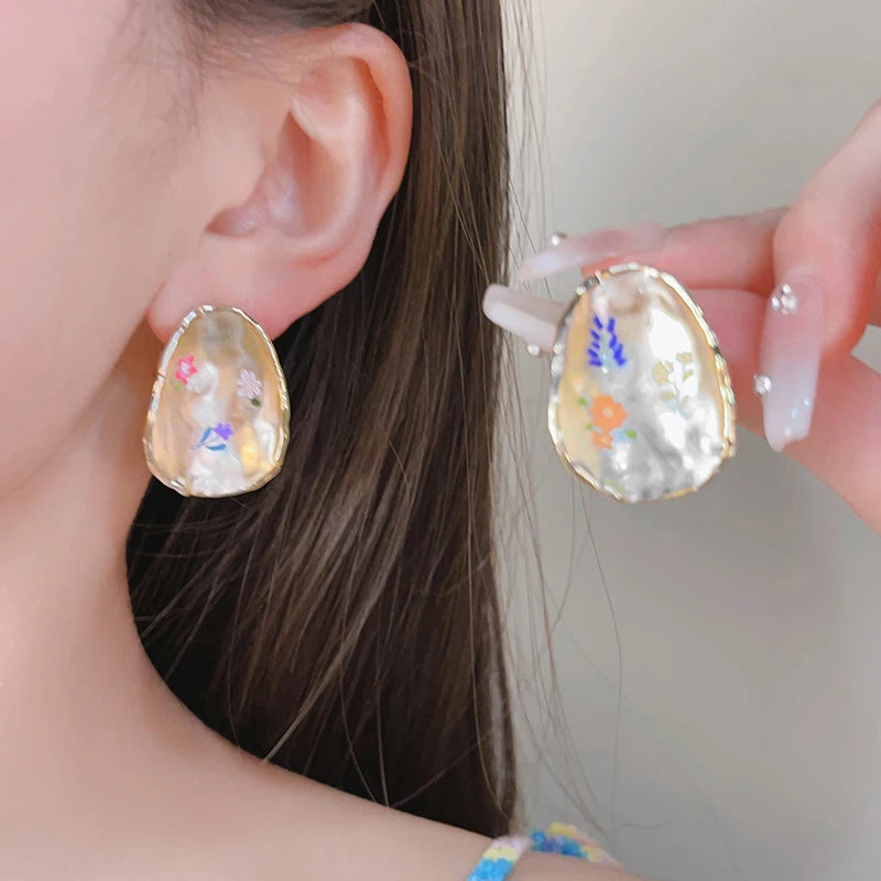 French Oil Painting Flower Earrings - Elegant Shell Vintage Wedding Gift