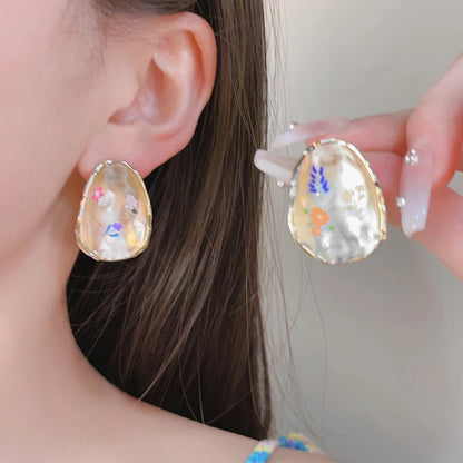 French Oil Painting Flower Earrings - Elegant Shell Vintage Wedding Gift