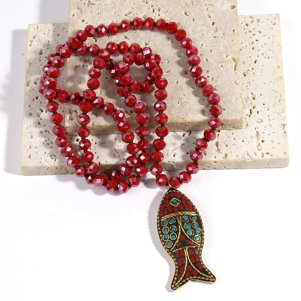 Fashion Bohemian Tribal Necklace | Red Green Crystal Glass Pendant | USA Australia