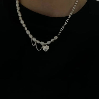Silver Color Necklace for Women Trendy Elegant Asymmetry Chain Pearls Smooth LOVE Heart Bride Jewelry Lover Gifts