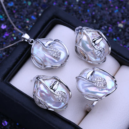 FENASY 925 Sterling Silver Jewelry Sets Big Baroque Natural Pearl Stud Earrings Custom Luxury Necklaces Rings For Women