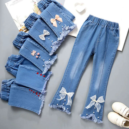 2024 Autumn Elastic Kids Jeans | Girls Cute Bow Denim Flared Pants | Ages 3-12 | USA