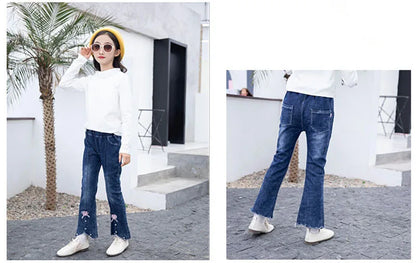 2024 Autumn Elastic Kids Jeans | Girls Cute Bow Denim Flared Pants | Ages 3-12 | USA