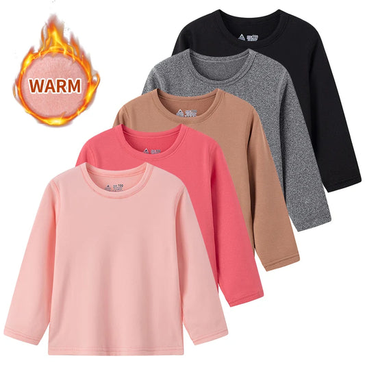 Set of four long-sleeve shirts in pink, brown, gray, and black with a 'WARM' icon above them.