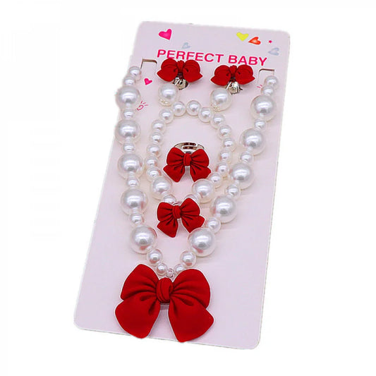 Bow Pearl Jewelry Set for Girls | Necklace Bracelet Earrings Ring | Student | USA