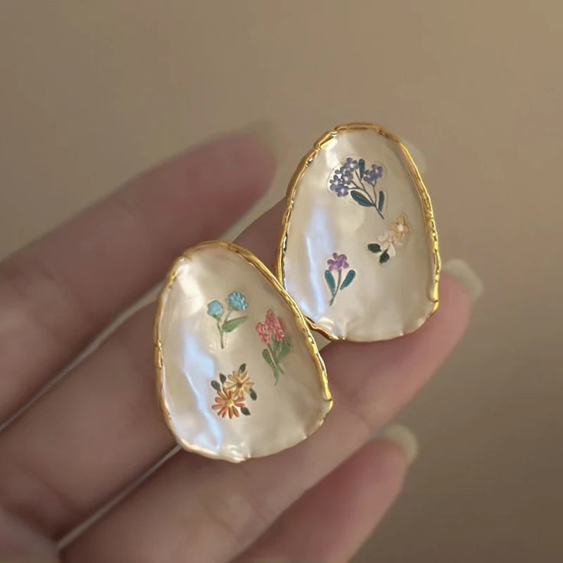 French Oil Painting Flower Earrings - Elegant Shell Vintage Wedding Gift