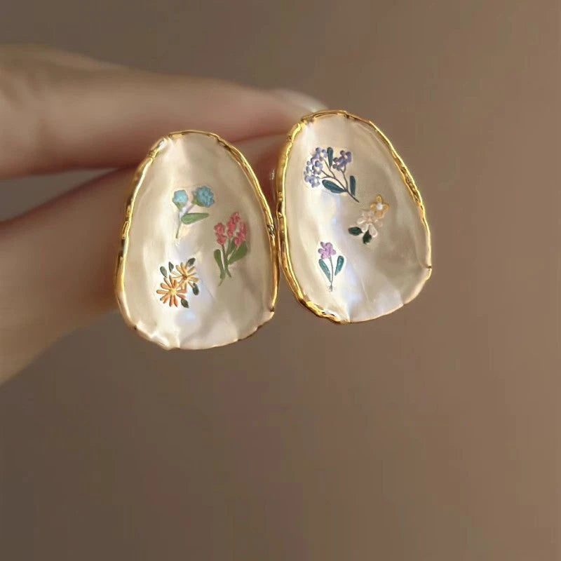 French Oil Painting Flower Earrings - Elegant Shell Vintage Wedding Gift