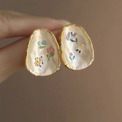 French Oil Painting Flower Earrings - Elegant Shell Vintage Wedding Gift