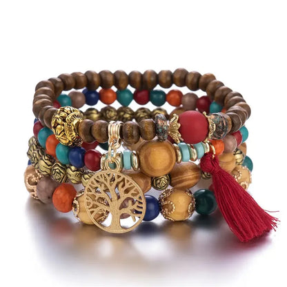 4-Piece Tree of Life Bracelet Set | Wooden Beaded Boho Bangles | USA Australia