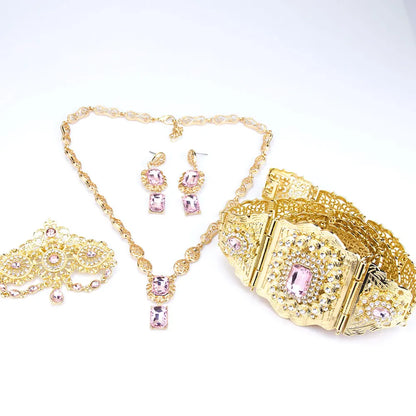 Sunspicems Gold Color Crystal Morocco Bride Jewelry Sets For Women Caftan Belt Waist Chain Charm Choker Necklace Square Earrings