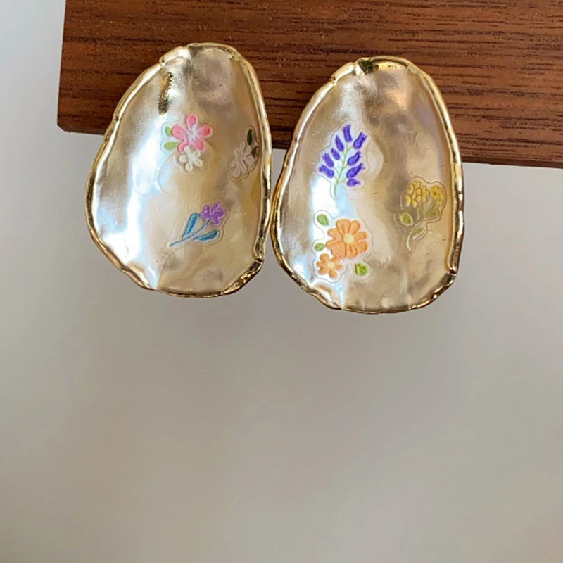 French Oil Painting Flower Earrings - Elegant Shell Vintage Wedding Gift