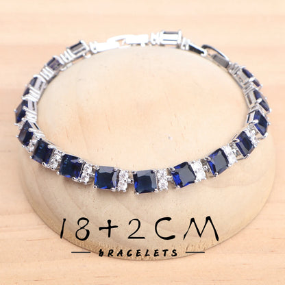 925 Silver Women Bridal Jewelry Sets Blue Cubic Zirconia Wedding Earrings Rings Bracelets Pendant Necklace Set