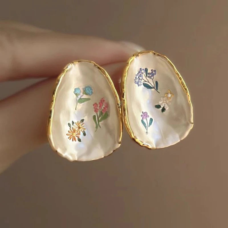 French Oil Painting Flower Earrings - Elegant Shell Vintage Wedding Gift