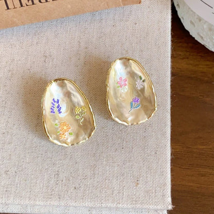 French Oil Painting Flower Earrings - Elegant Shell Vintage Wedding Gift