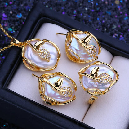 FENASY 925 Sterling Silver Jewelry Sets Big Baroque Natural Pearl Stud Earrings Custom Luxury Necklaces Rings For Women