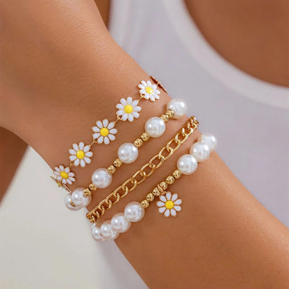 10-Piece Vintage Bohemian Bracelet Set | Daisy Flower Pearl Bangles | USA