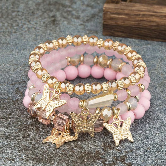 Butterfly Beaded Bracelet Set | 4 Piece Pink Bohemian Stack | USA Australia