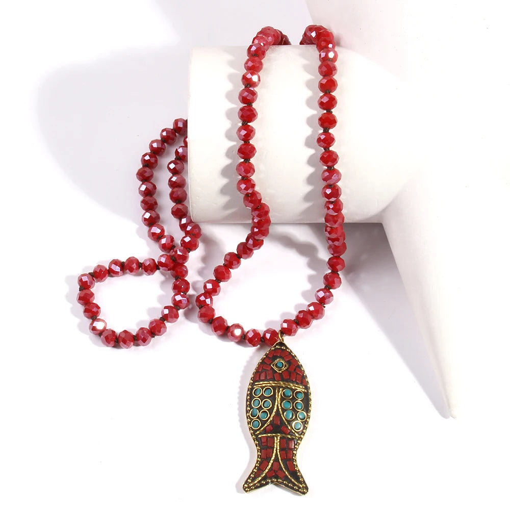 Fashion Bohemian Tribal Necklace | Red Green Crystal Glass Pendant | USA Australia