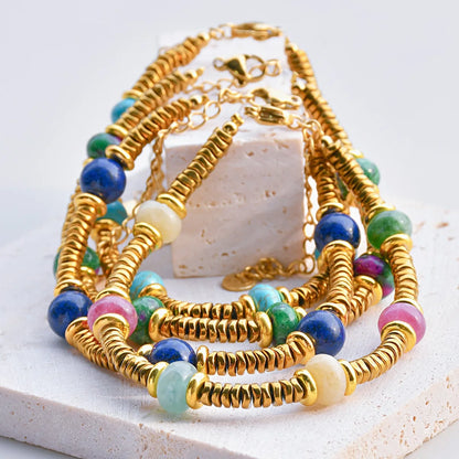Natural Stone Beaded Bracelet | Colorful Bohemian Gold Chain | Women | USA