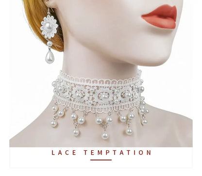 White Pearl Lace Necklace & Earrings Set | Lolita Fashion Accessories