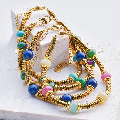 Natural Stone Beaded Bracelet | Colorful Bohemian Gold Chain | Women | USA