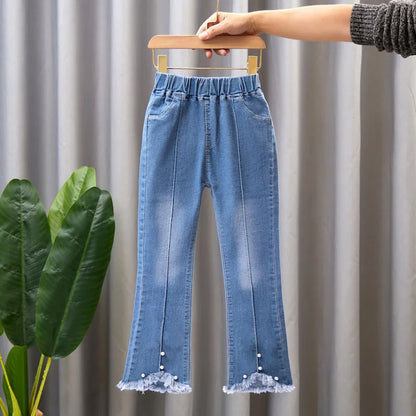 2024 Autumn Elastic Kids Jeans | Girls Cute Bow Denim Flared Pants | Ages 3-12 | USA