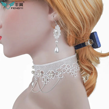 White Pearl Lace Necklace & Earrings Set | Lolita Fashion Accessories