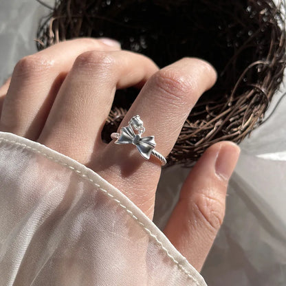 Sterling Silver Flower Bow Ring - Love Combination Adjustable Design
