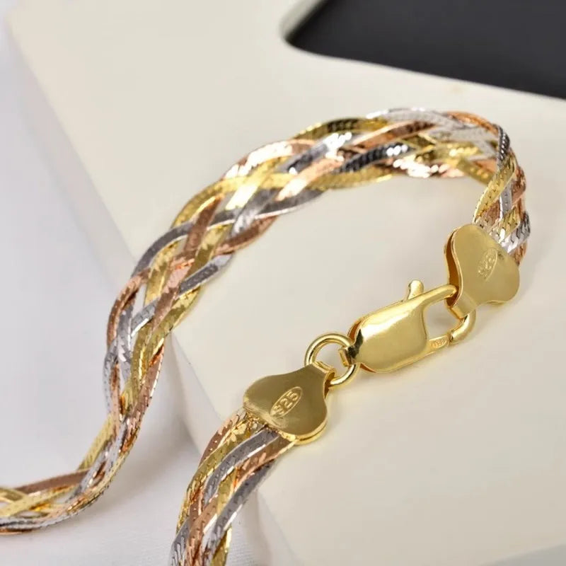 S925 Silver Necklace for Women Italian Craftsmanship Tri Color Silver Six Thread Woven Pure Collarbone Chain Fashion Jewelry