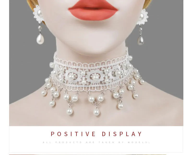 White Pearl Lace Necklace & Earrings Set | Lolita Fashion Accessories