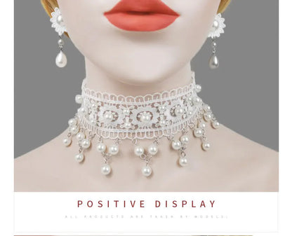 White Pearl Lace Necklace & Earrings Set | Lolita Fashion Accessories