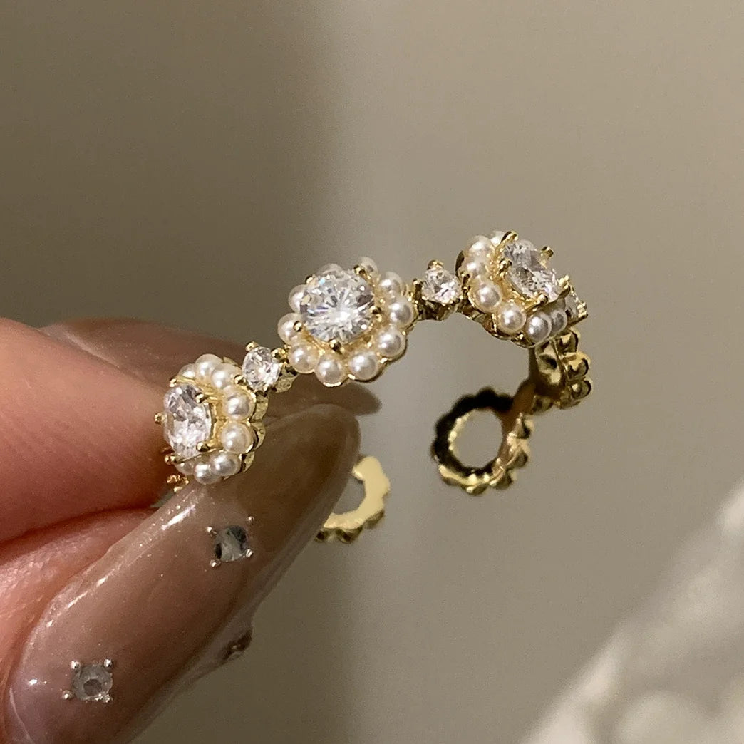 Sterling Silver Flower Lace Ring | CZ Adjustable Korean Fashion | Women | USA