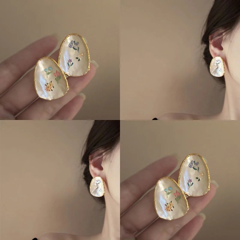 French Oil Painting Flower Earrings - Elegant Shell Vintage Wedding Gift