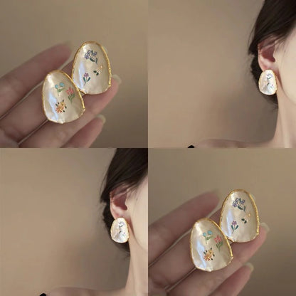 French Oil Painting Flower Earrings - Elegant Shell Vintage Wedding Gift