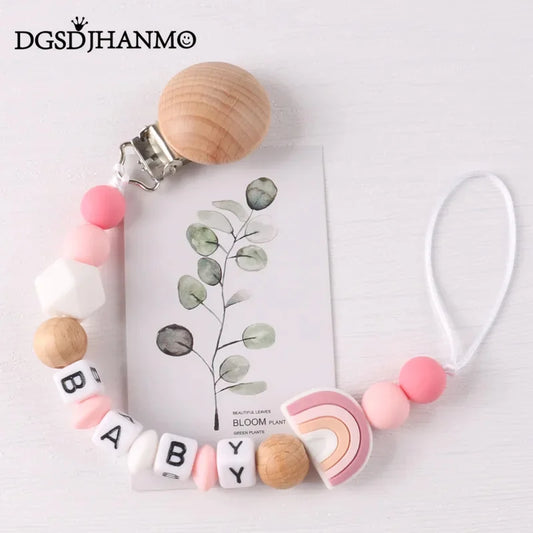 Custom Name Pacifier Holder Chain | Wooden Clip Silicone Teether | USA Australia