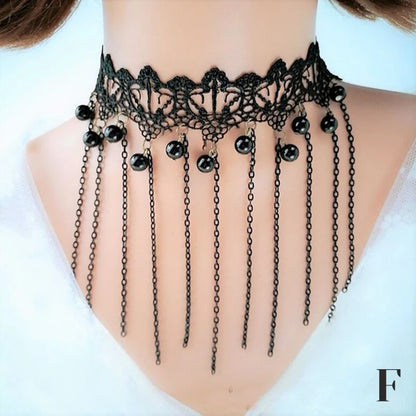 Vintage Gothic Tattoo Lace Choker | Black Crystal Pendant | Boho Jewelry | USA