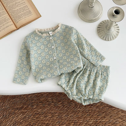 Summer Hot European Style Style Floral Embroidery Baby Onesie Set Breathable Long Sleeve Top + Shorts Baby 2Pcs Set