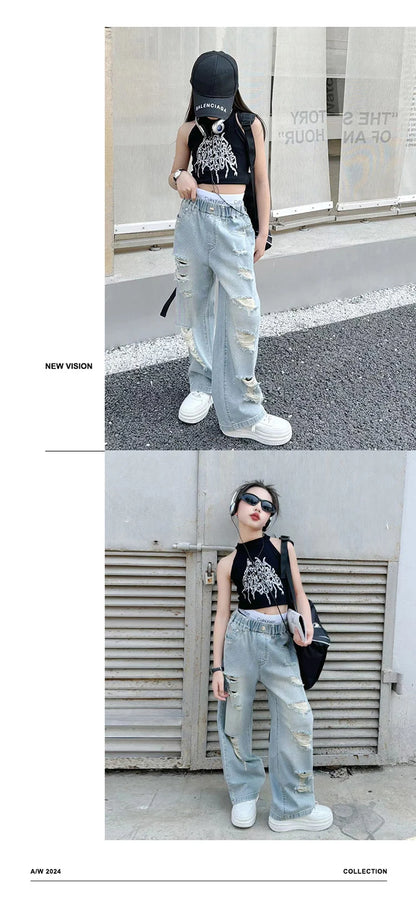 Kids Girls High Fashion Ripped Jeans | Destroyed Denim Pants | Ages 5-14 | USA