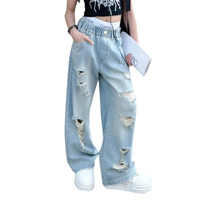 Kids Girls High Fashion Ripped Jeans | Destroyed Denim Pants | Ages 5-14 | USA